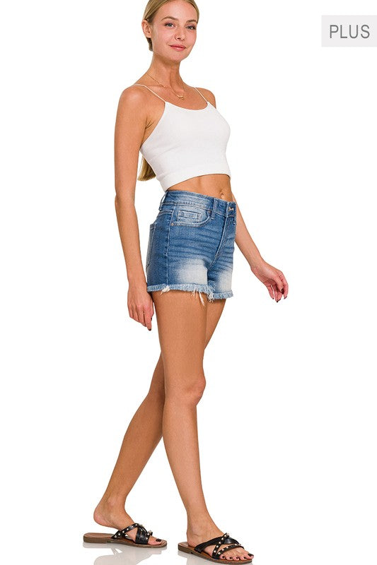 Zenana Plus Mid Rise Raw Frayed Hem Denim Shorts ZENANA