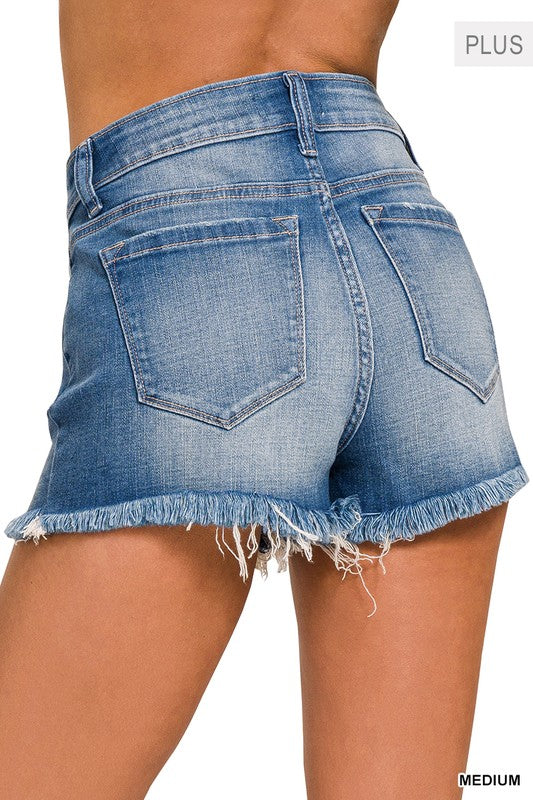 Zenana Plus Mid Rise Raw Frayed Hem Denim Shorts ZENANA