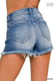 Zenana Plus Mid Rise Raw Frayed Hem Denim Shorts ZENANA