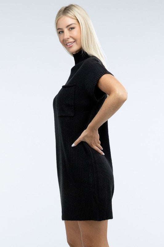 Mock Neck Short Sleeve Sweater Dress with Pocket ZENANA