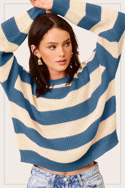 Striped Round Neck Loose Fit Sweater La Miel