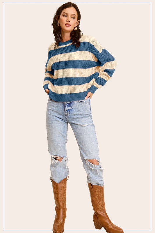 Striped Round Neck Loose Fit Sweater La Miel