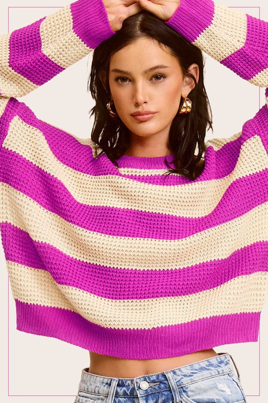 Striped Round Neck Loose Fit Sweater La Miel