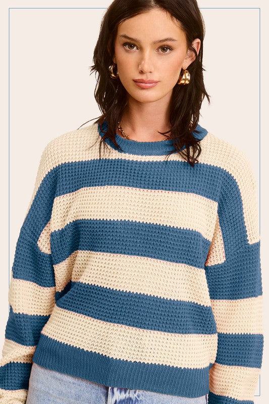 Striped Round Neck Loose Fit Sweater La Miel