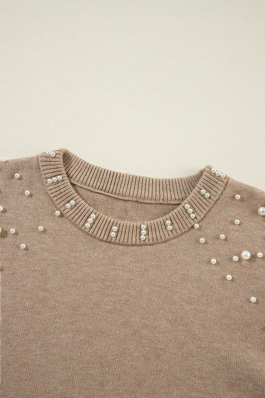 Pearl Drop Shoulder Round Neck Sweater SHEWIN INC.