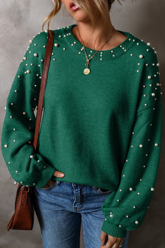 Pearl Drop Shoulder Round Neck Sweater SHEWIN INC.