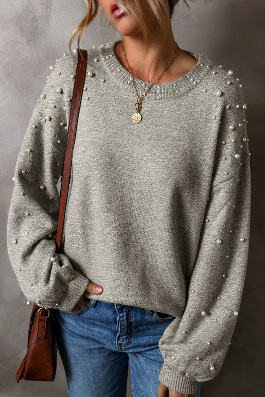 Pearl Drop Shoulder Round Neck Sweater SHEWIN INC.