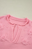 Flower Pattern Knitted Notched Neck Sweater SHEWIN INC.