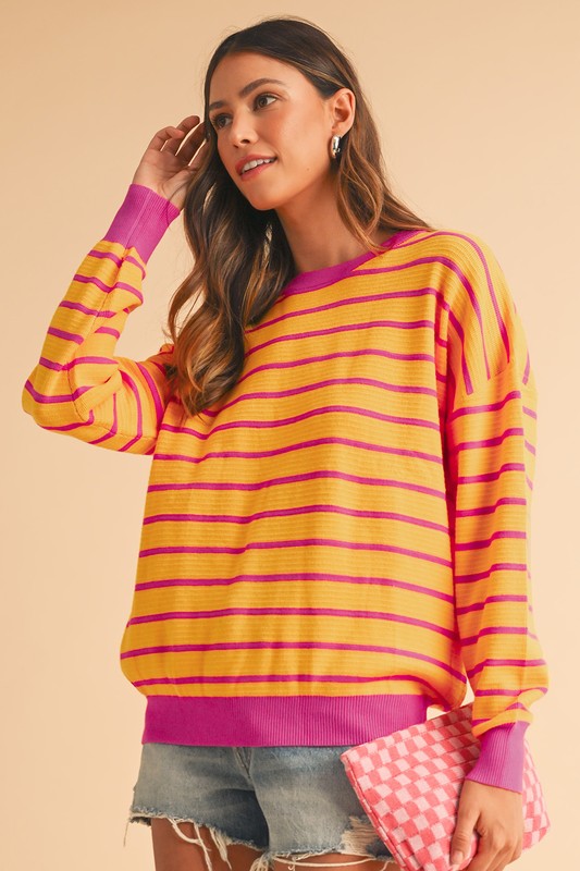 Stripe Round Neck Drop Shoulder Loose Sweater SHEWIN INC.