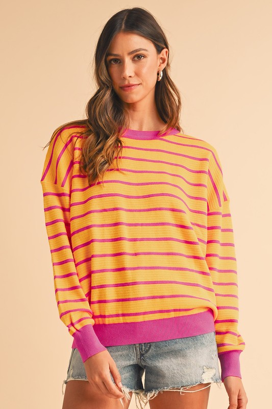 Stripe Round Neck Drop Shoulder Loose Sweater SHEWIN INC.