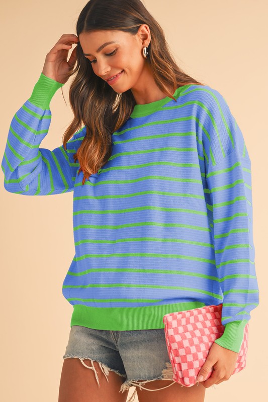 Stripe Round Neck Drop Shoulder Loose Sweater SHEWIN INC.