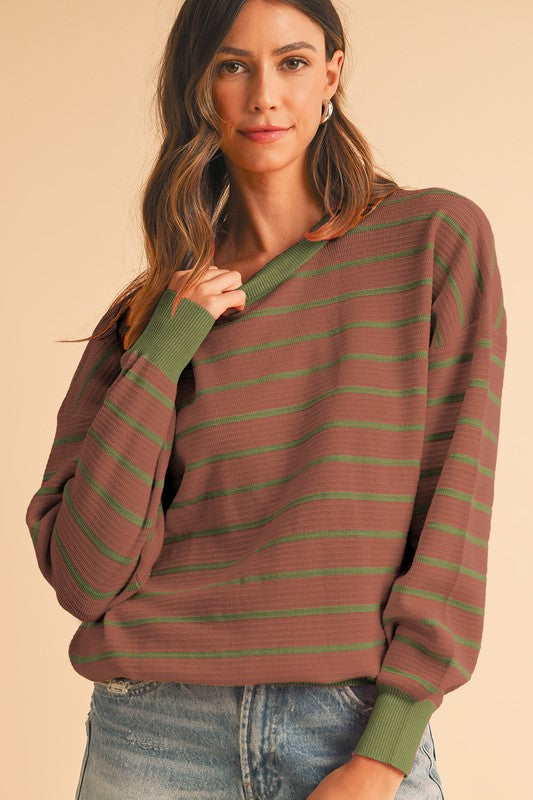 Stripe Round Neck Drop Shoulder Loose Sweater SHEWIN INC.