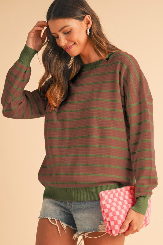 Stripe Round Neck Drop Shoulder Loose Sweater SHEWIN INC.