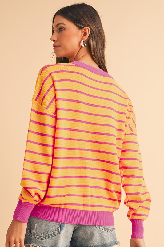 Stripe Round Neck Drop Shoulder Loose Sweater SHEWIN INC.