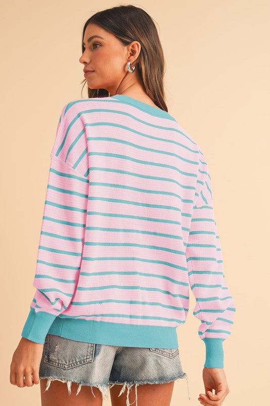 Stripe Round Neck Drop Shoulder Loose Sweater SHEWIN INC.