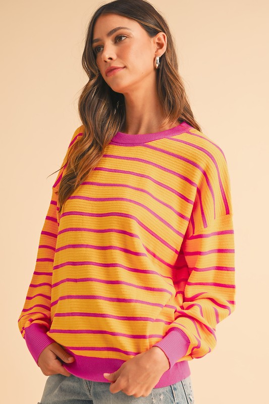 Stripe Round Neck Drop Shoulder Loose Sweater SHEWIN INC.