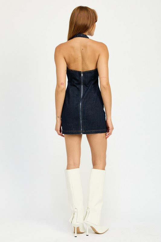 HALTER NECK MINI DENIM DRESS WITH CUT OUT Emory Park