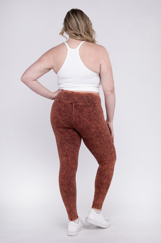 Plus Mineral Washed Wide Waistband Yoga Leggings ZENANA