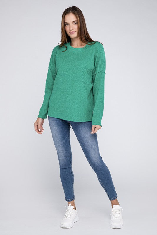 Ribbed Brushed Melange Hacci Sweater with a Pocket ZENANA