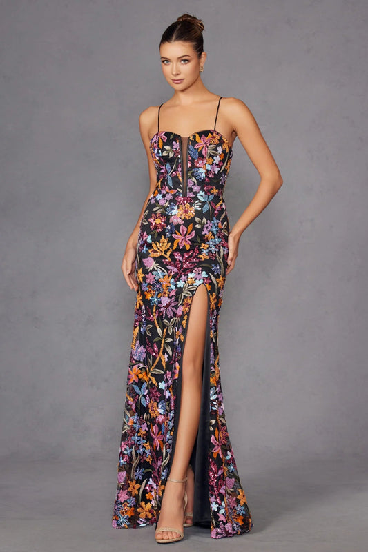 Juliet Sequin Print Sleeveless Slit Gown JT2498A - Rosa Apparel