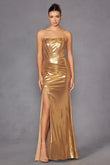 Juliet Luxe Metallic Strapless Slit Evening Gown JT2500A Juliet