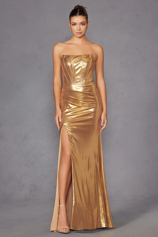 Juliet Luxe Metallic Strapless Slit Evening Gown JT2500A - Rosa Apparel