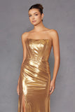 Juliet Luxe Metallic Strapless Slit Evening Gown JT2500A Juliet