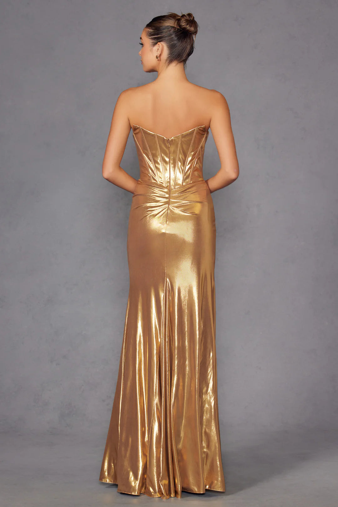 Juliet Luxe Metallic Strapless Slit Evening Gown JT2500A Juliet