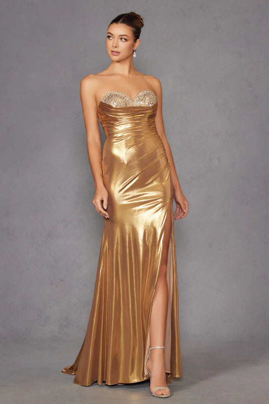 Juliet Elegant Beaded Metallic Strapless Slit Evening Gown JT2501A - Rosa Apparel