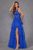 Juliet Halter Ruffled A-line Slit Gown JT2556S Juliet