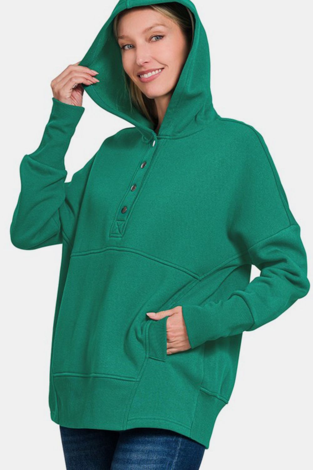 Zenana Half Snap Long Sleeve Hoodie with Kangaroo Pocket Trendsi