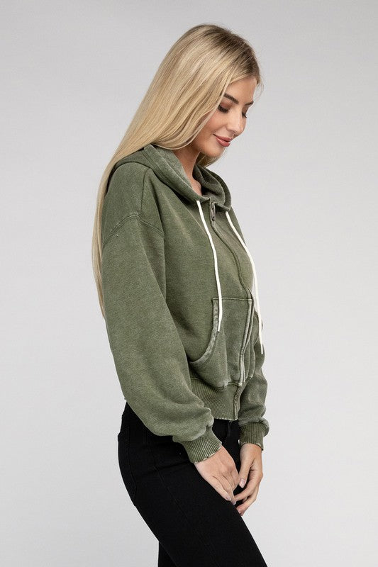 Acid Wash Fleece Cropped Zip-Up Hoodie ZENANA