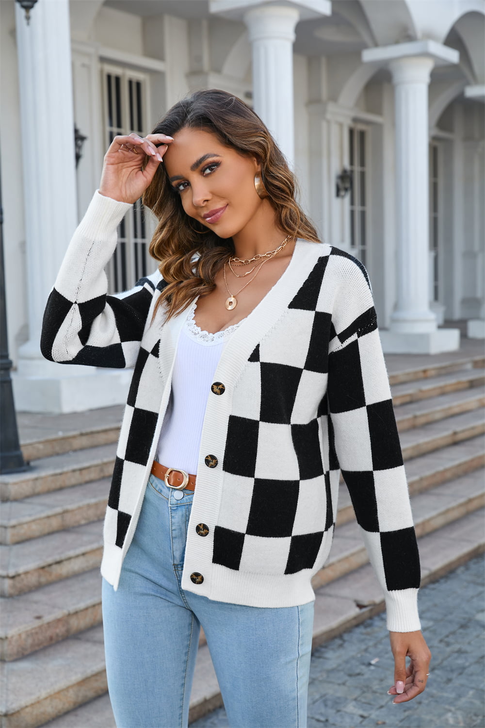 Angel Wings Button-Up V-Neck Dropped Shoulder Cardigan Trendsi