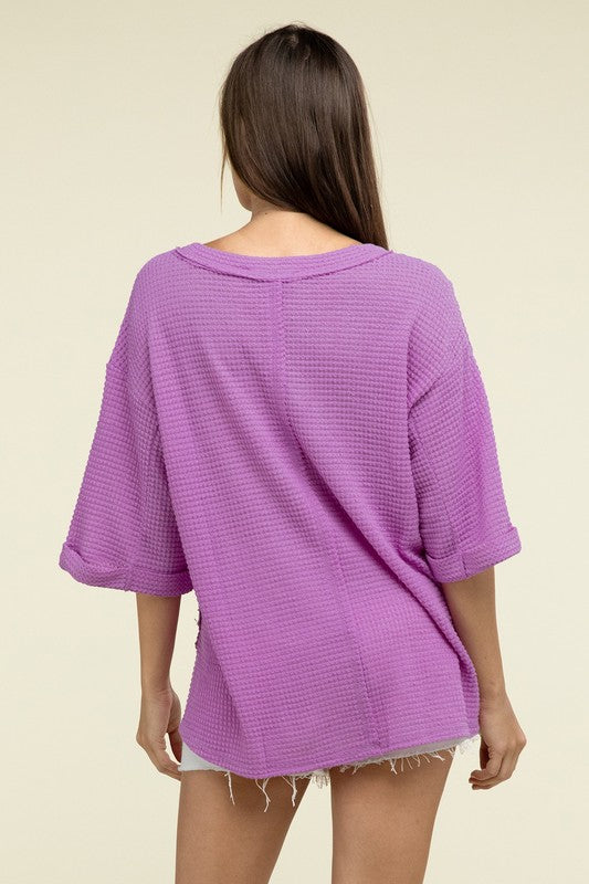 Zenana Brushed Waffle Exposed-Seam 3/4 Sleeve Top