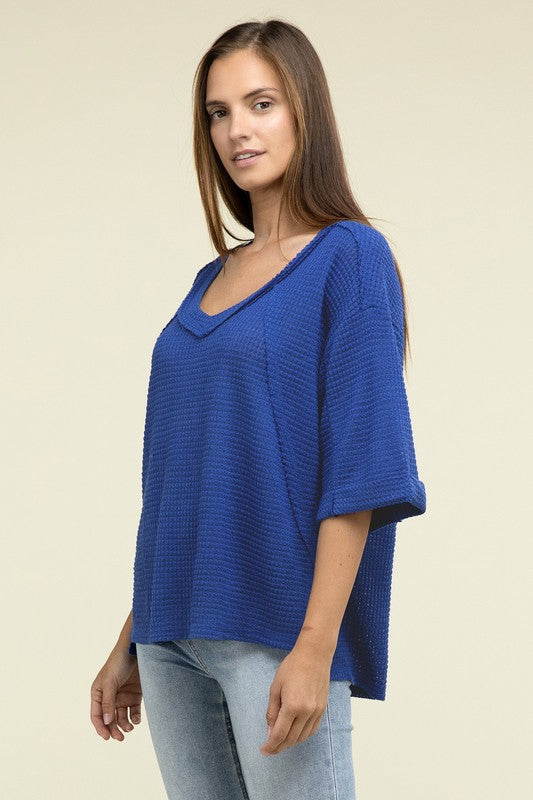 Zenana Brushed Waffle Exposed-Seam 3/4 Sleeve Top