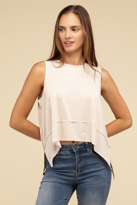 Zenana Casual Shark Bite Side Slit Round Neck Short Sleeveless Top ZENANA