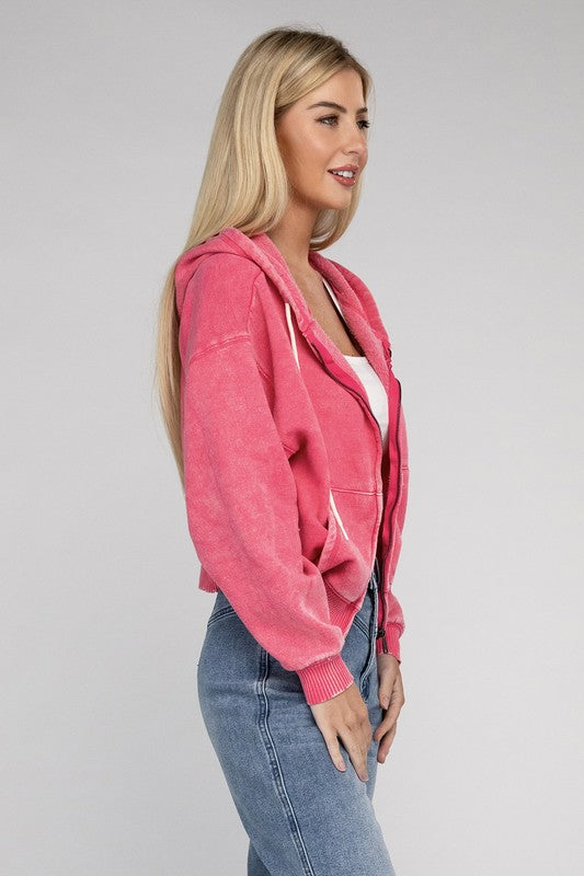 Acid Wash Fleece Cropped Zip-Up Hoodie ZENANA