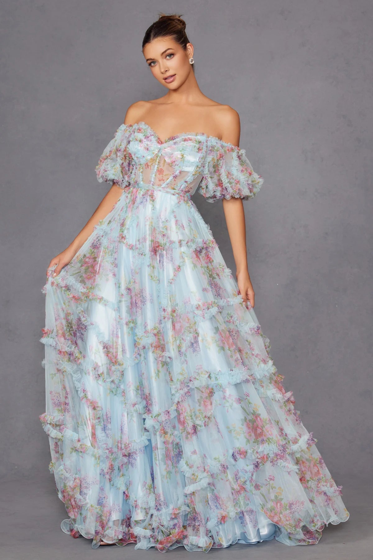 Juliet Print Off Shoulder Ruffled Gown JT2887C Juliet