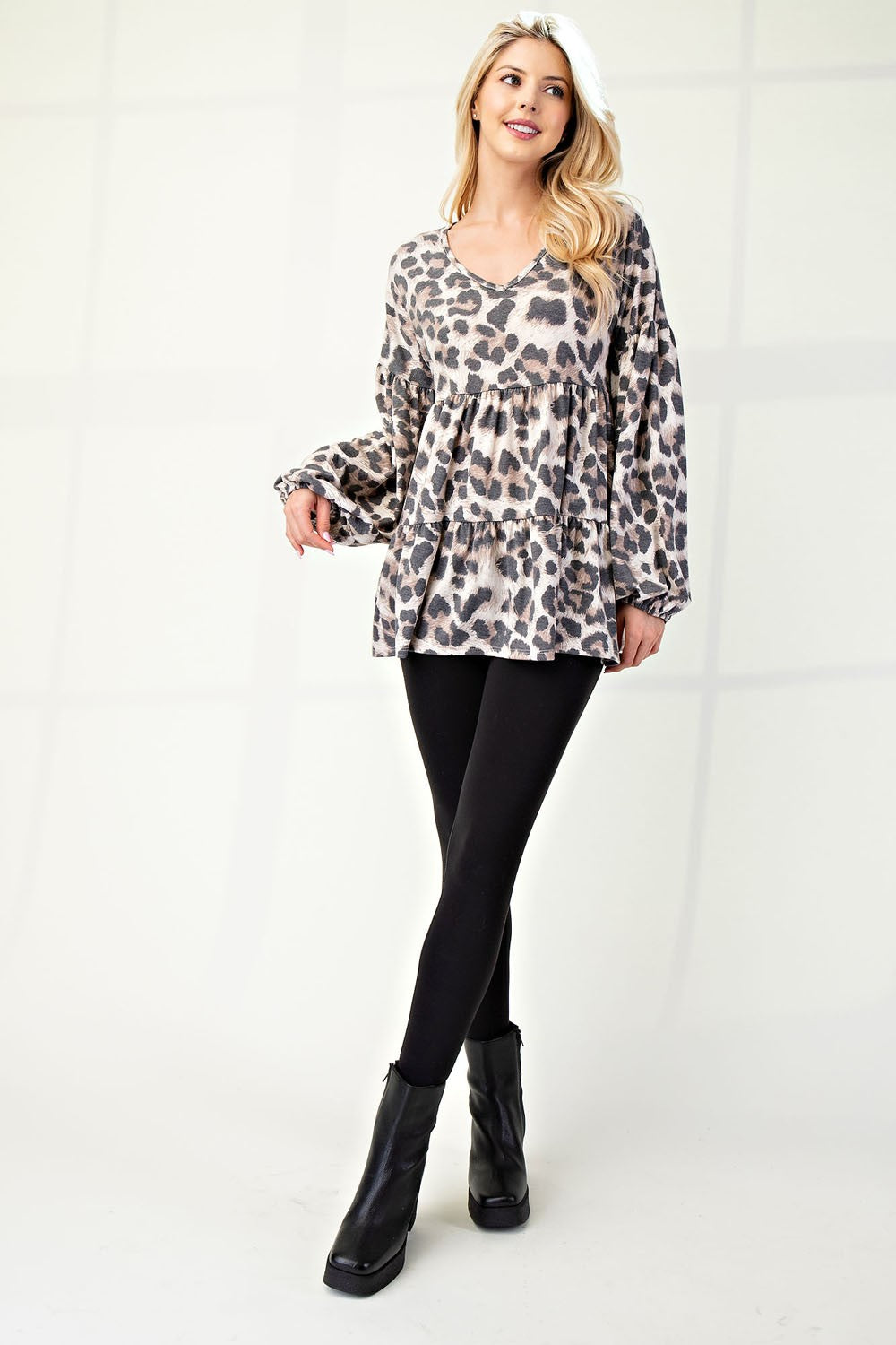 Celeste Full Size Leopard V-Neck Balloon Sleeve Blouse Trendsi