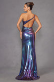 Juliet Stunning Iridescent Metallic One-Shoulder Slit Evening Gown JT2910H Juliet