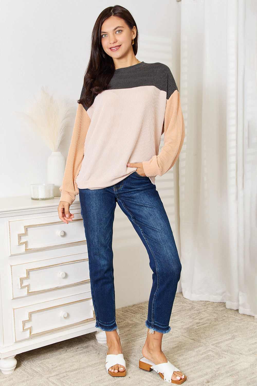 Double Take Color Block Dropped Shoulder T-Shirt Trendsi