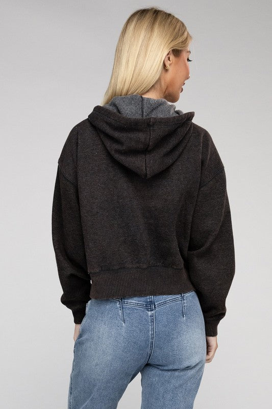 Acid Wash Fleece Cropped Zip-Up Hoodie ZENANA