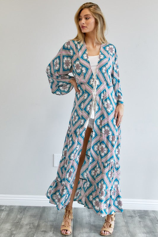 Printed Long Sleeve Loose Kimono Davi & Dani