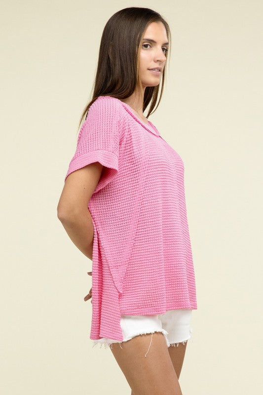 Zenana Brushed Waffle Exposed-Seam Short Sleeve Top