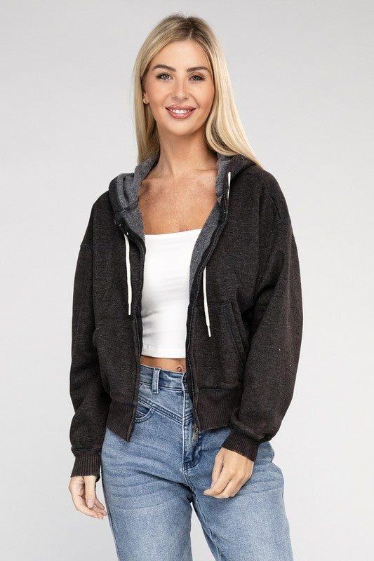 Acid Wash Fleece Cropped Zip-Up Hoodie ZENANA