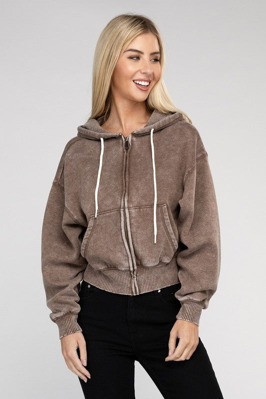 Acid Wash Fleece Cropped Zip-Up Hoodie ZENANA