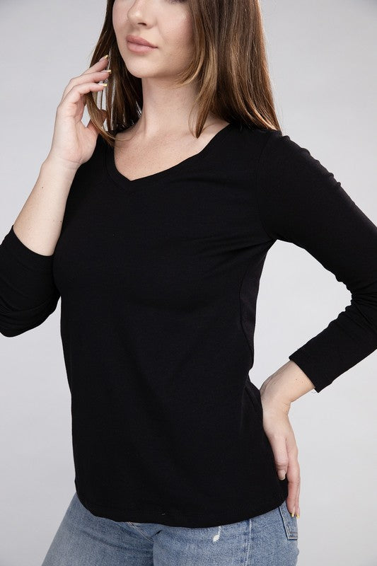 Cotton V-Neck Long Sleeve T-Shirt ZENANA