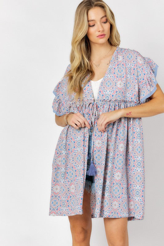 Printed Short Sleeve Ruffle Kimono Davi & Dani