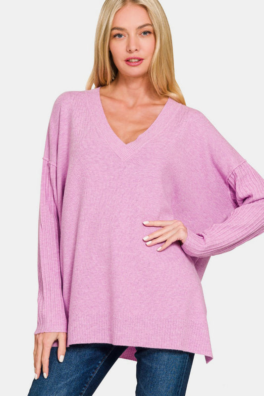 Zenana V-Neck Side Slit High-Low Sweater Trendsi