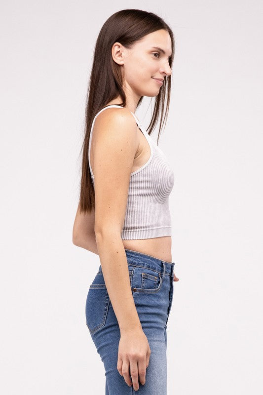 Zenana Casual Washed Ribbed Cropped V-Neck Sleevless Tank Top ZENANA